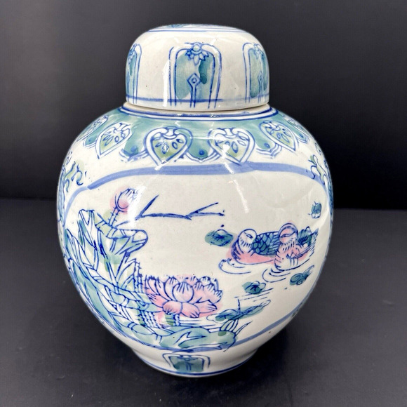 Vintage Chinese Lillies & Ducks Porcelain Lidded Ginger Jar Asian Decor - Picture 1 of 10